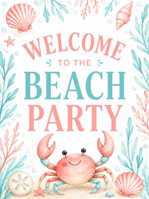 Welcome sign in the Watercolor Crab Beach Party Invitation design