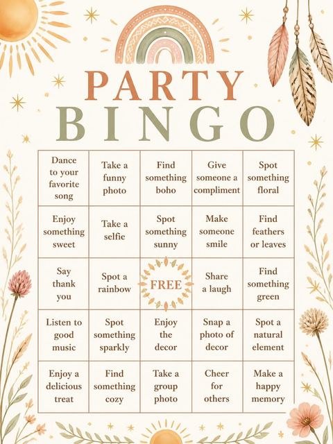 Bingo grid in the Terracotta Rainbow Wildflower 3rd Birthday Invitation design