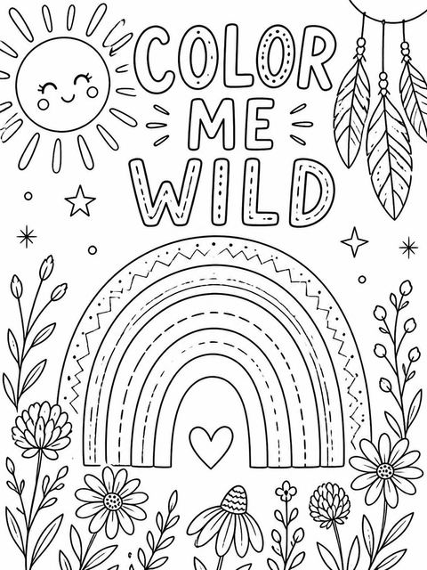 Coloring sheet in the Terracotta Rainbow Wildflower 3rd Birthday Invitation design