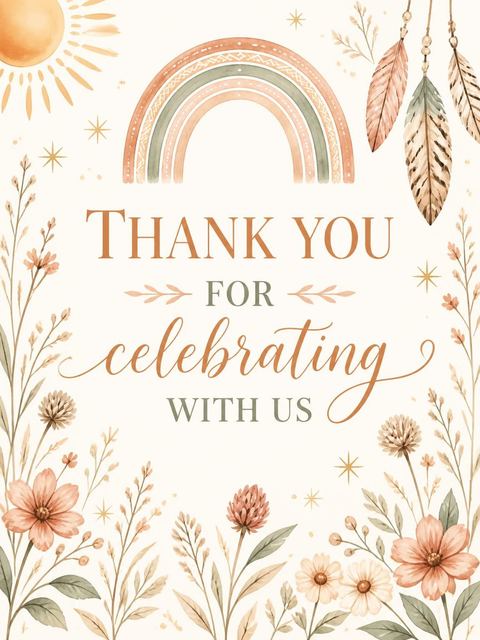 Thank-you flat in the Terracotta Rainbow Wildflower 3rd Birthday Invitation design