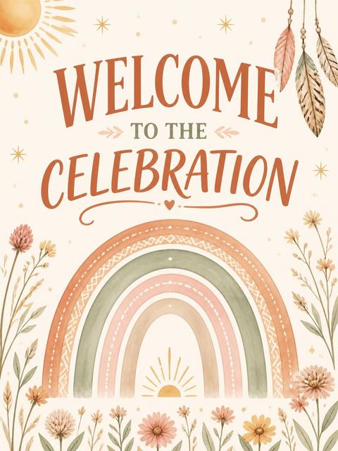 Welcome sign in the Terracotta Rainbow Wildflower 3rd Birthday Invitation design