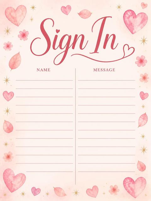 Guest sign-in sheet in the Blush Watercolor Heart First Birthday design