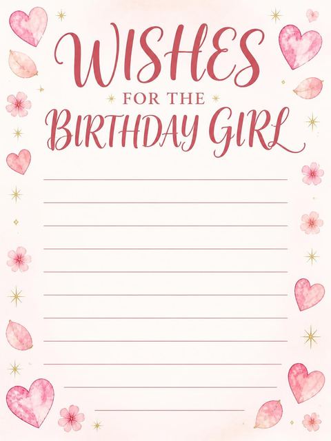 Wishes page in the Blush Watercolor Heart First Birthday design
