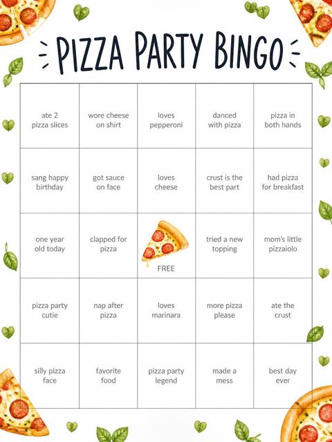 Bingo grid in the Slice of Fun Pizza 1st Birthday design