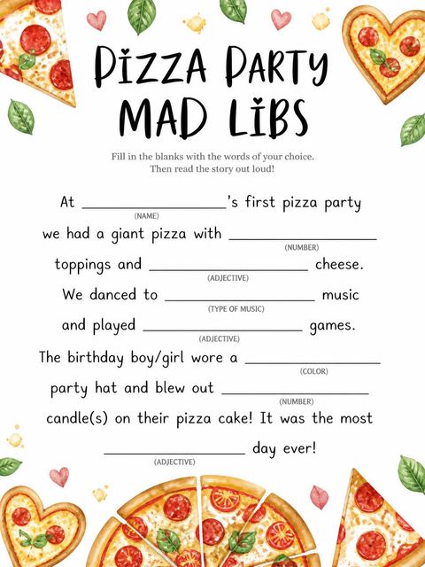 Mad libs in the Slice of Fun Pizza 1st Birthday design