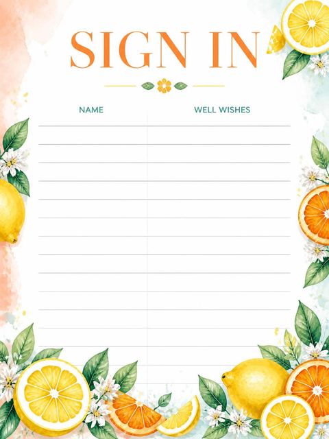 Guest sign-in sheet in the Watercolor Citrus Beach Summer Party design