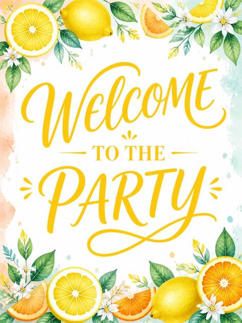Welcome sign in the Watercolor Citrus Beach Summer Party design