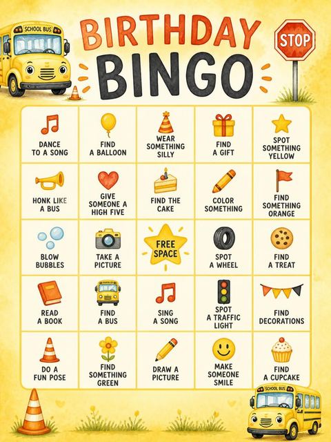 Bingo grid in the Watercolor School Bus 3rd Birthday design