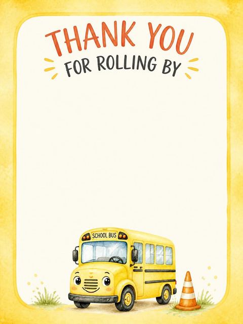 Thank-you flat in the Watercolor School Bus 3rd Birthday design