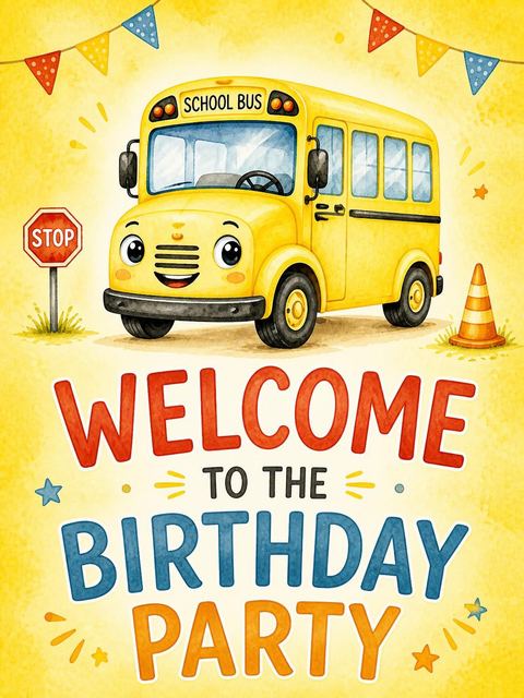 Welcome sign in the Watercolor School Bus 3rd Birthday design