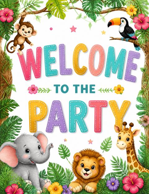 Welcome sign in the Jungle Animal Safari 1st Birthday design
