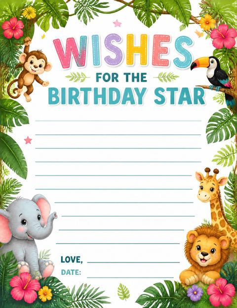 Wishes page in the Jungle Animal Safari 1st Birthday design