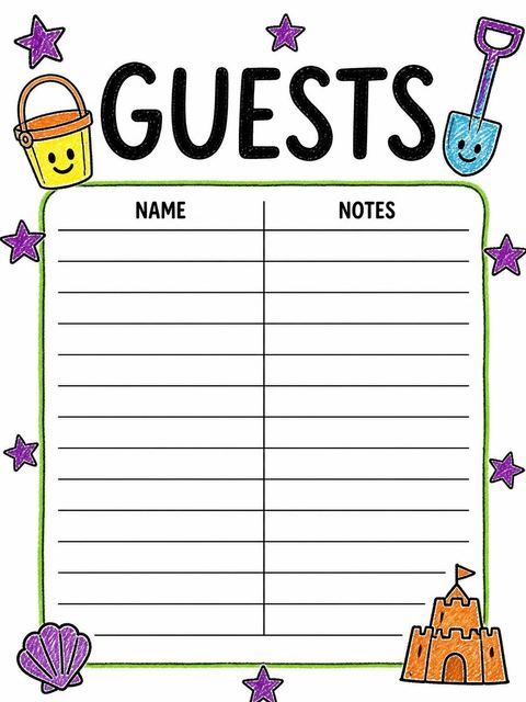Guest sign-in sheet in the Crayon Beach Toy 1st Birthday design