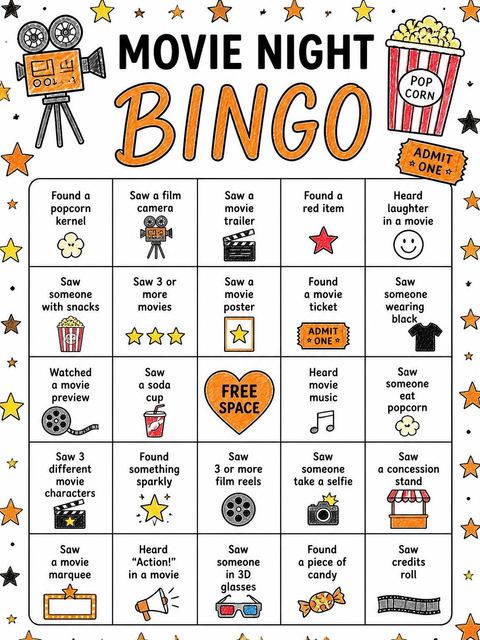 Bingo grid in the Crayon Sketch Movie Theater 8th Birthday design