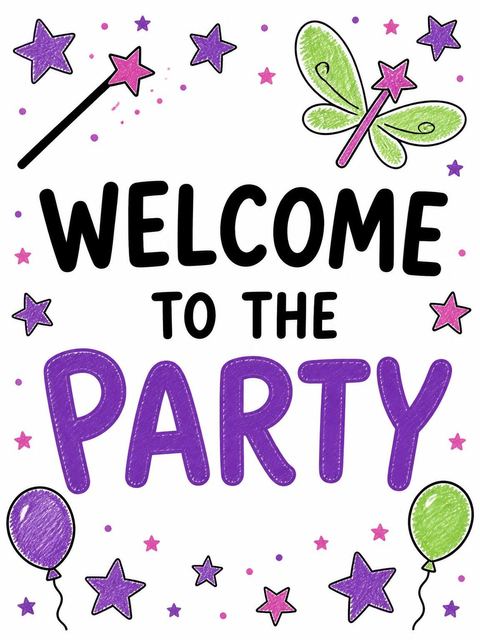 Welcome sign in the Crayon Texture Fairy 6th Birthday design