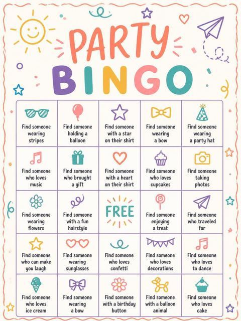 Bingo grid in the Multicolor Doodle 1st Birthday Invitation design