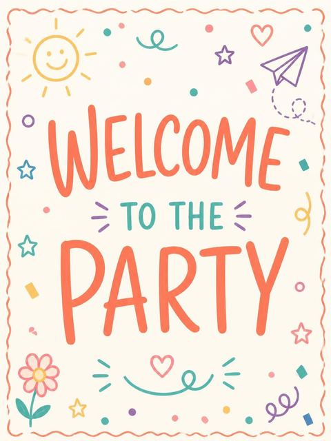 Welcome sign in the Multicolor Doodle 1st Birthday Invitation design