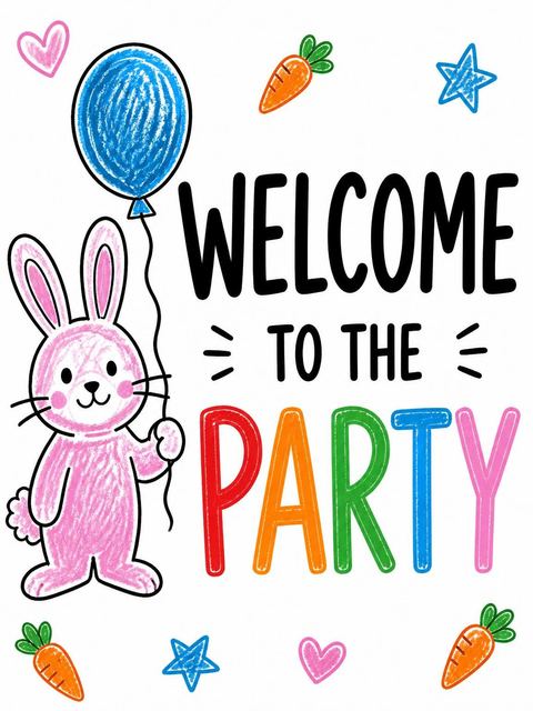 Welcome sign in the Crayon Bunny and Carrot 7th Birthday design