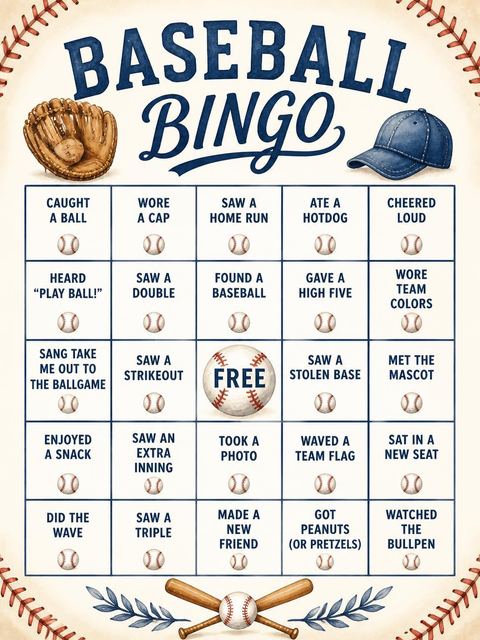 Bingo grid in the Watercolor Baseball Glove 7th Birthday design
