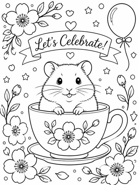 Coloring sheet in the Watercolor Teacup Hamster First Birthday design
