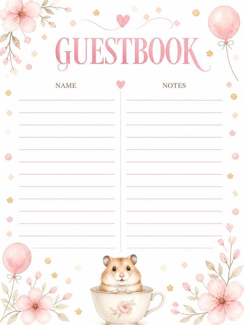 Guest sign-in sheet in the Watercolor Teacup Hamster First Birthday design