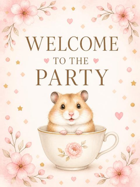 Welcome sign in the Watercolor Teacup Hamster First Birthday design
