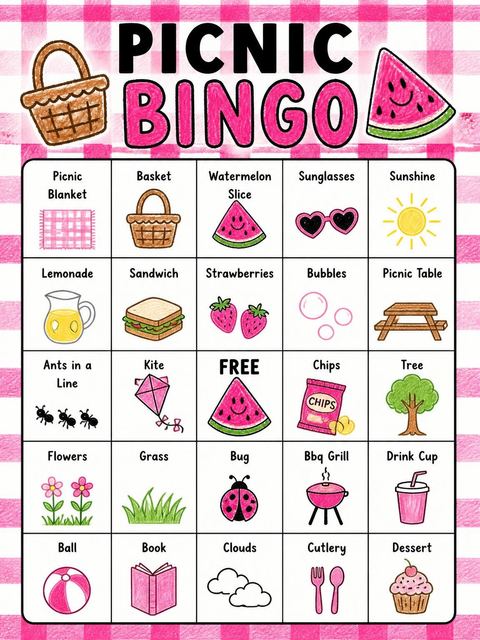 Bingo grid in the Crayon Watermelon Picnic 5th Birthday design