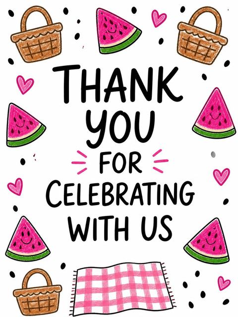Thank-you flat in the Crayon Watermelon Picnic 5th Birthday design