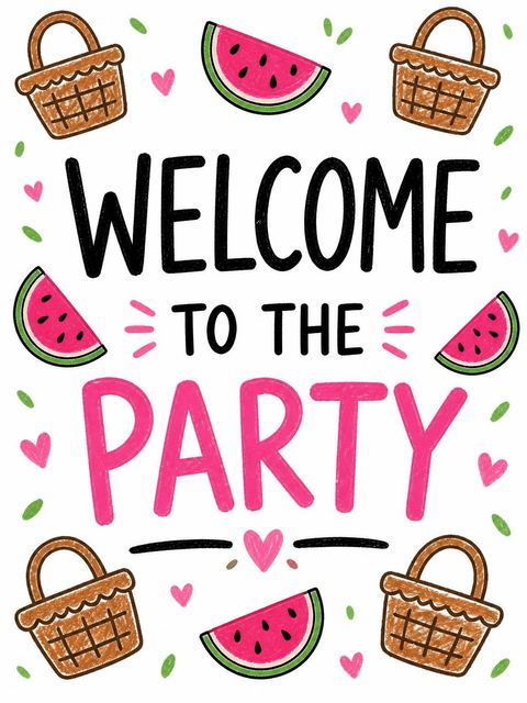 Welcome sign in the Crayon Watermelon Picnic 5th Birthday design
