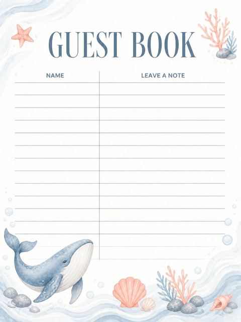 Guest sign-in sheet in the Blue Watercolor Whale Baby Shower design
