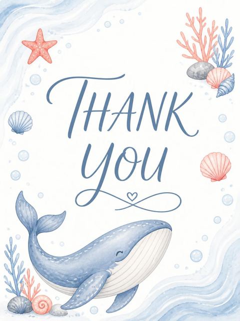 Thank-you flat in the Blue Watercolor Whale Baby Shower design