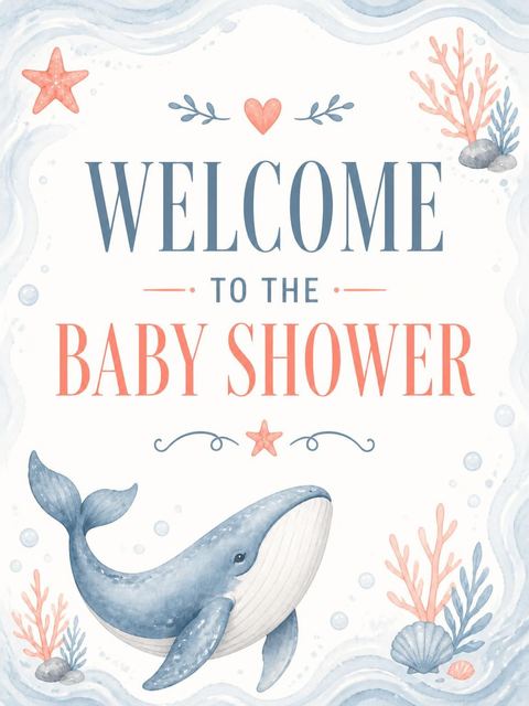 Welcome sign in the Blue Watercolor Whale Baby Shower design