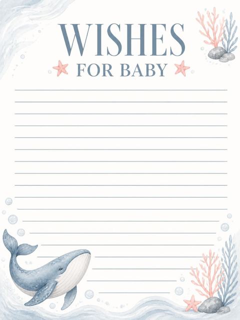 Wishes page in the Blue Watercolor Whale Baby Shower design