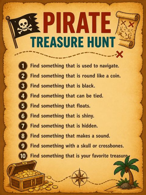 Scavenger hunt in the Aged Parchment Pirate Mascot 6th Birthday design