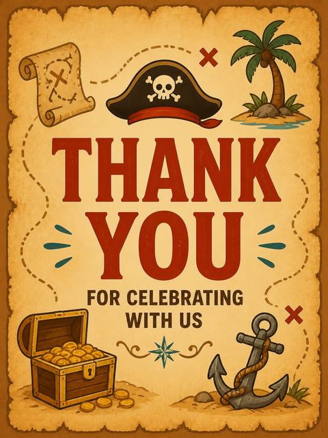 Thank-you flat in the Aged Parchment Pirate Mascot 6th Birthday design