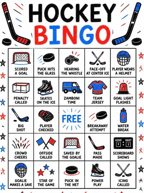 Bingo grid in the Crayon Hockey Stick 6th Birthday Invitation design