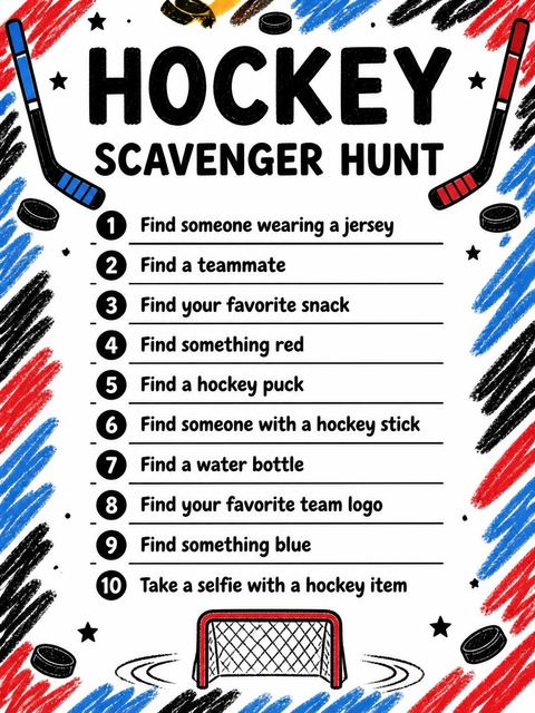 Scavenger hunt in the Crayon Hockey Stick 6th Birthday Invitation design