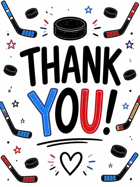 Thank-you flat in the Crayon Hockey Stick 6th Birthday Invitation design