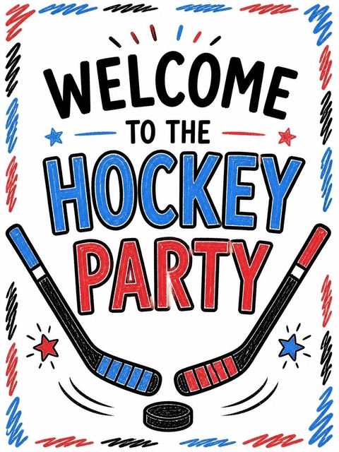 Welcome sign in the Crayon Hockey Stick 6th Birthday Invitation design