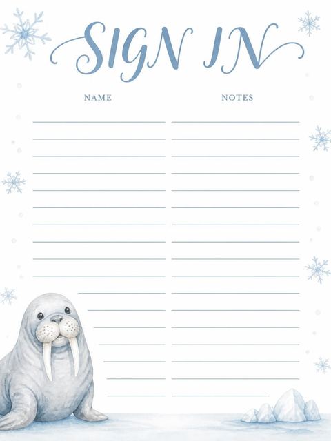 Guest sign-in sheet in the Watercolor Arctic Walrus 5th Birthday design