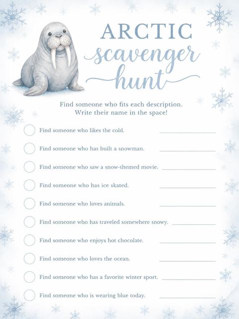 Scavenger hunt in the Watercolor Arctic Walrus 5th Birthday design