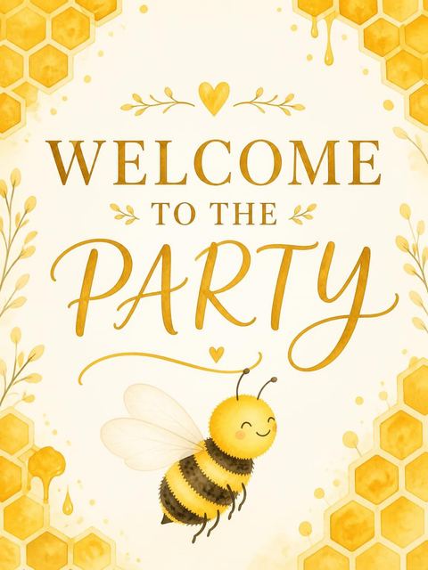 Welcome sign in the Watercolor Bee Golden Honeycomb 1st Birthday design