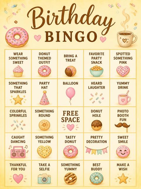 Bingo grid in the Watercolor Donut 2nd Birthday design