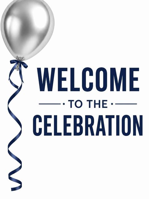 Welcome sign in the Silver Balloon Navy Ribbon 70th Birthday design