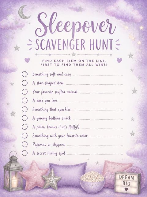 Scavenger hunt in the Lavender Watercolor Blanket Fort Sleepover design