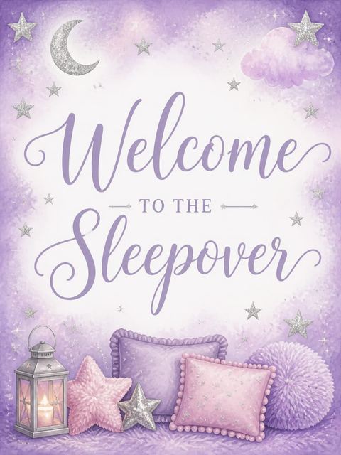 Welcome sign in the Lavender Watercolor Blanket Fort Sleepover design