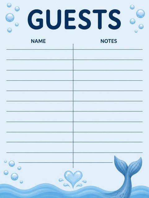 Guest sign-in sheet in the Blue Watercolor Whale 1st Birthday design