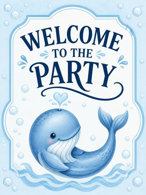 Welcome sign in the Blue Watercolor Whale 1st Birthday design