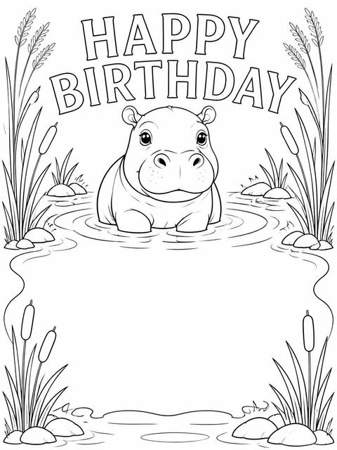 Coloring sheet in the Watercolor Hippo Pond 2nd Birthday Invitation design