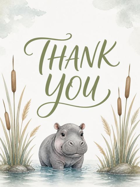 Thank-you flat in the Watercolor Hippo Pond 2nd Birthday Invitation design